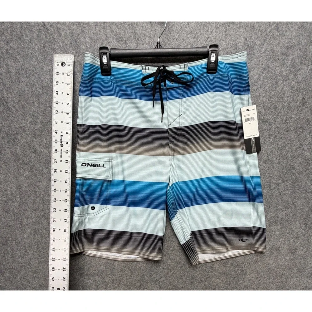 ONeill Hyperfreak Mens Board Shorts Blue Grey Striped Swim Trunks Size 32